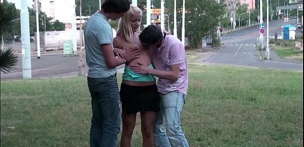  Young teens PUBLIC street orgy threesome with a cute blonde girl and 2 guys